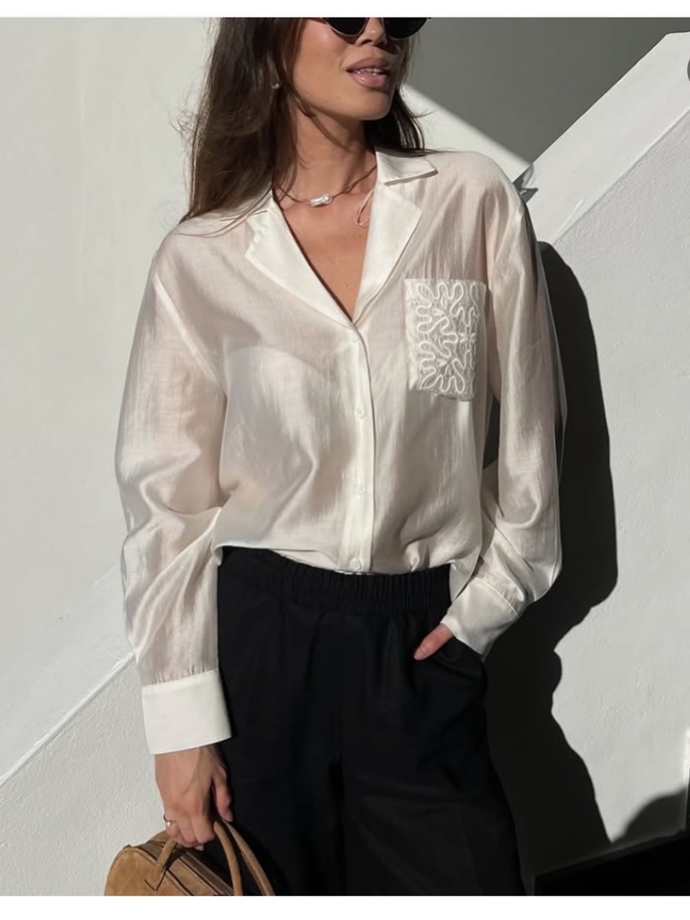 Zara Cream Satin Button-Down Shirt with Embroidered Pocket